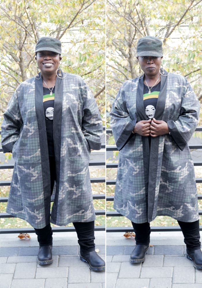 model in diy kimono camo fabric