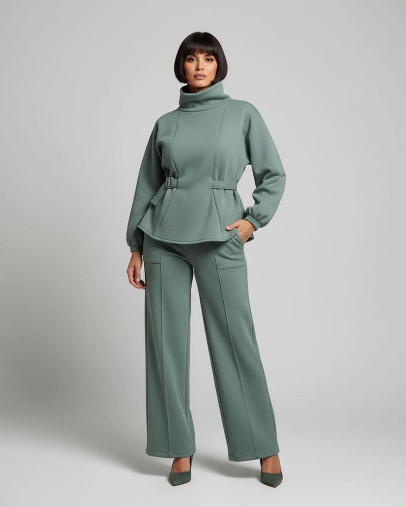 Sage green peplum top sewing pattern with matching wide-leg pants set